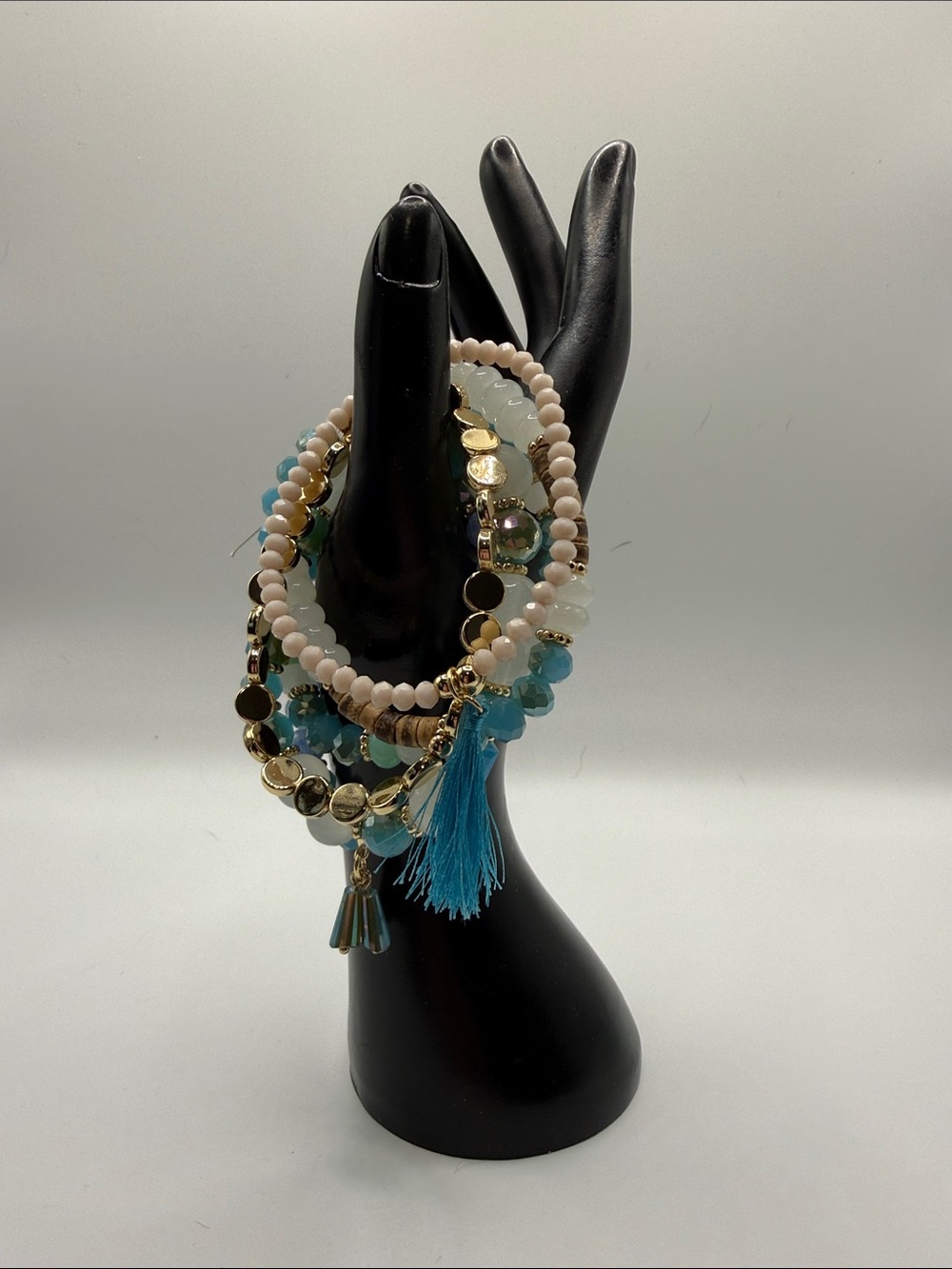 Boho Turquoise & Cream Beaded Tassel Bracelet Set